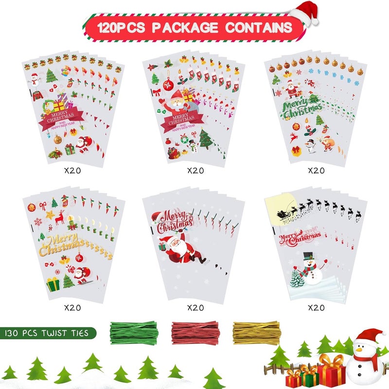 OWill 120 Pcs Christmas Sweet Bags,Christmas Cellophane Bags with Colorful Twist Ties, Gift Bags for Sweets Party Christmas and Festivals -27 * 13cm - Image 3